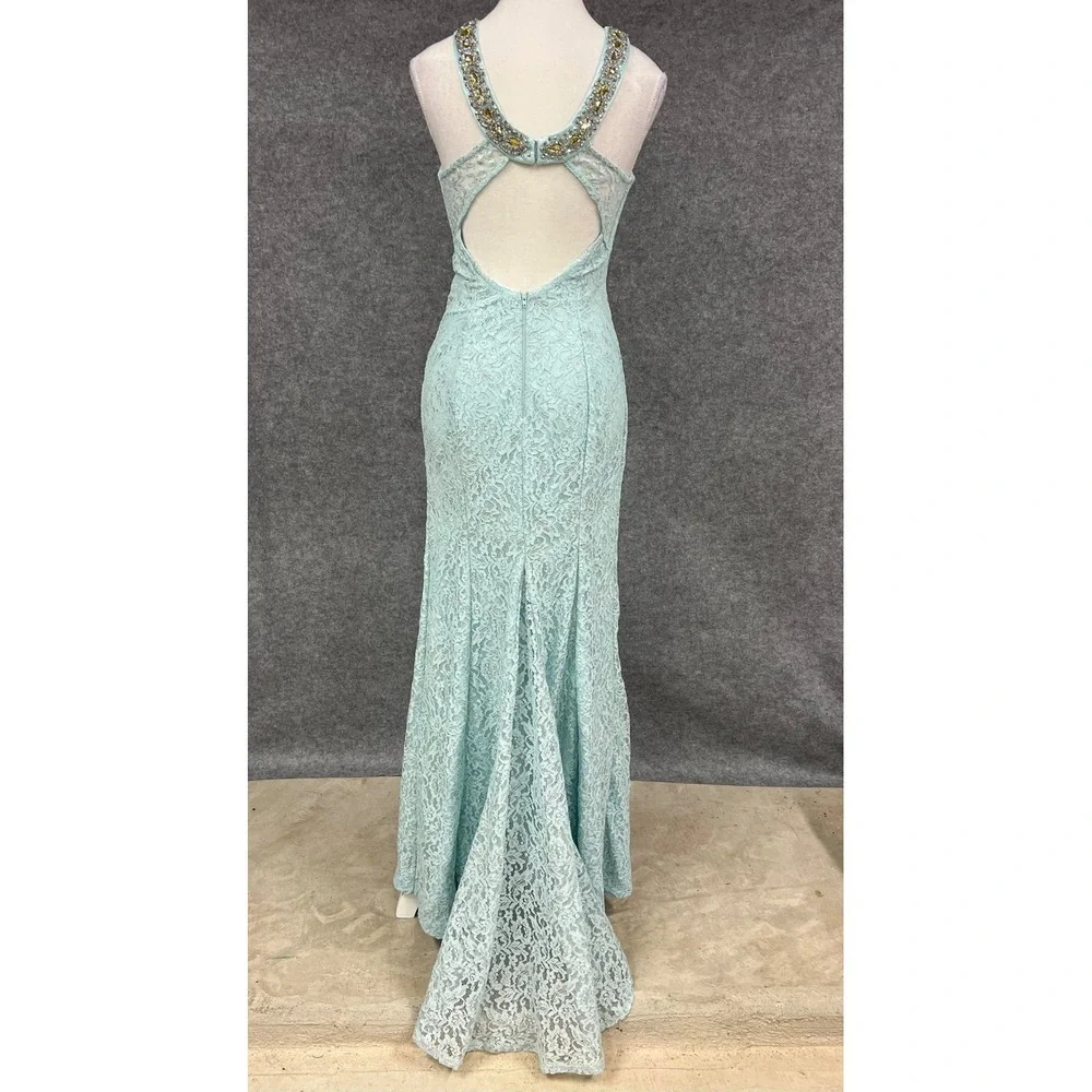 Sequin Hearts Light Blue Lace Beaded Halter Mermaid Formal Prom‎ Dress Size 7